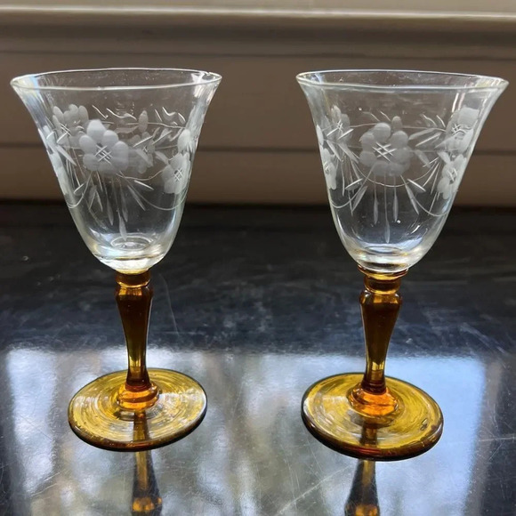Vintage Tiffin Cordial Liquor Glasses Etched Amber Stems 4.5” Set Of 2 - Picture 1 of 8